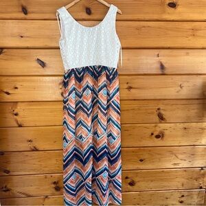 Luxology Sleeveless Round Neck lace Chiffon Chevron Patterned Maxi Dress 12